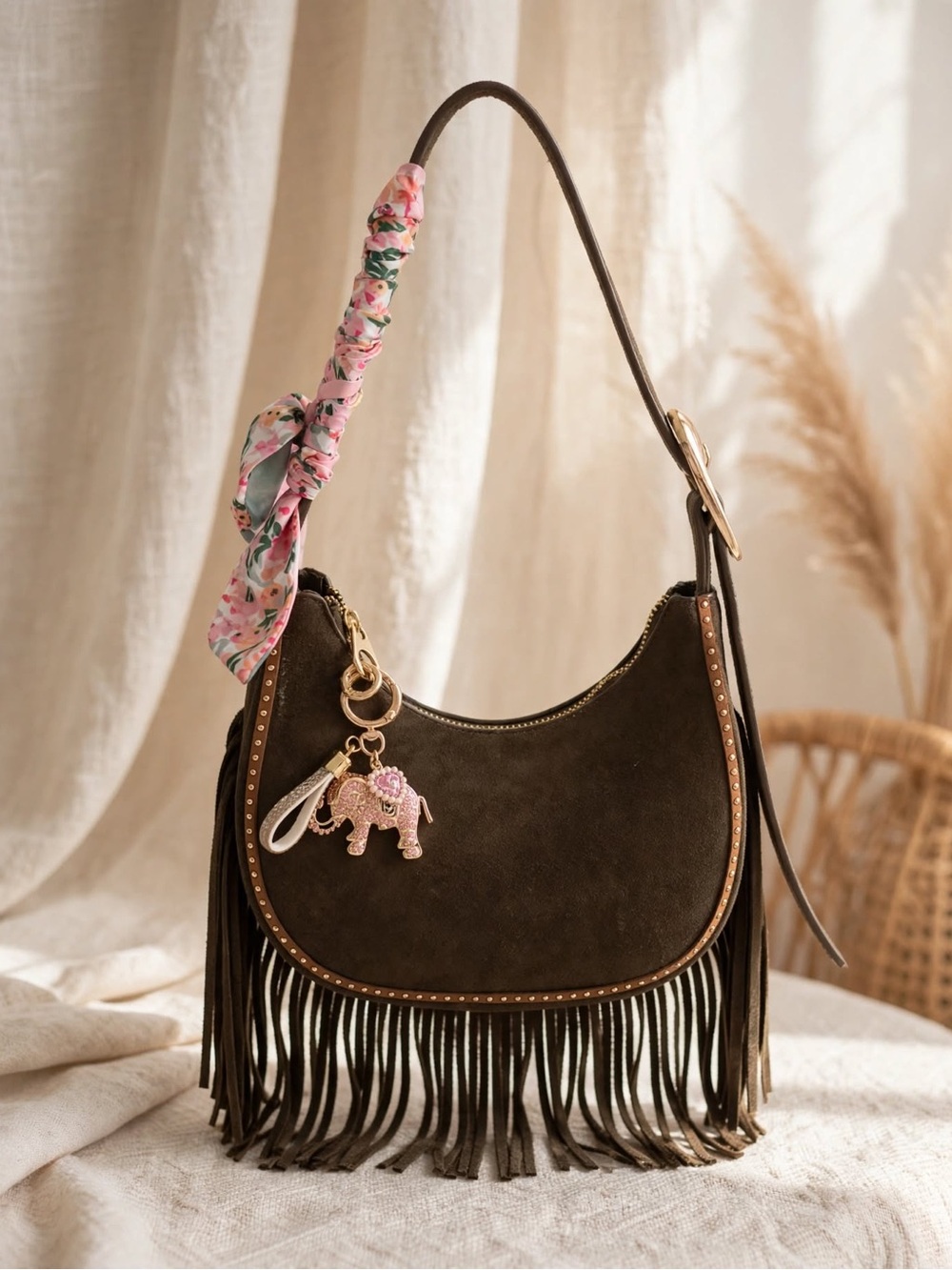 Universal Thread Brown Fringe Hobo Shoulder Bag with Floral Scarf Accent